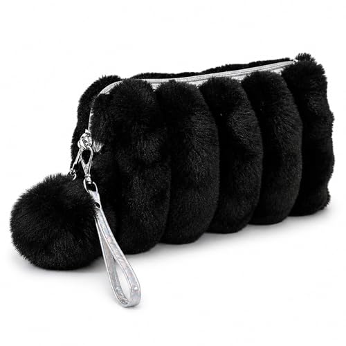 Estojo Necessaire Feminino Pelúcia Pompom Alça Escola Viagem (Preto)