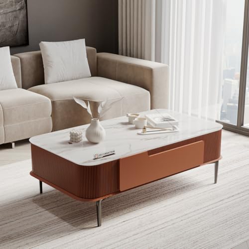 Image of DecorNation Valencia Faux Marble Coffee Table Blush Coral | Stylish Center Table with Storage Drawers | PVD Coated Metal Legs | Modern Accent Furniture for Living Room, Lounge & Home Decor