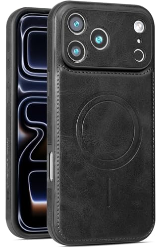 Hulveze Funda Magnética de Piel para iPhone 17 Pro con Anillo Magnético, [Compatible con Carga Inalámbrica] Funda Delgada Resistente a Golpes de Lujo de Antideslizante para iPhone 17 Pro(Negro)