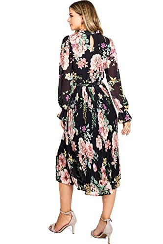 Flying Tomato Women's Chiffon Pleated Boho Long Sleeve Dress (M, Black) #TOP2