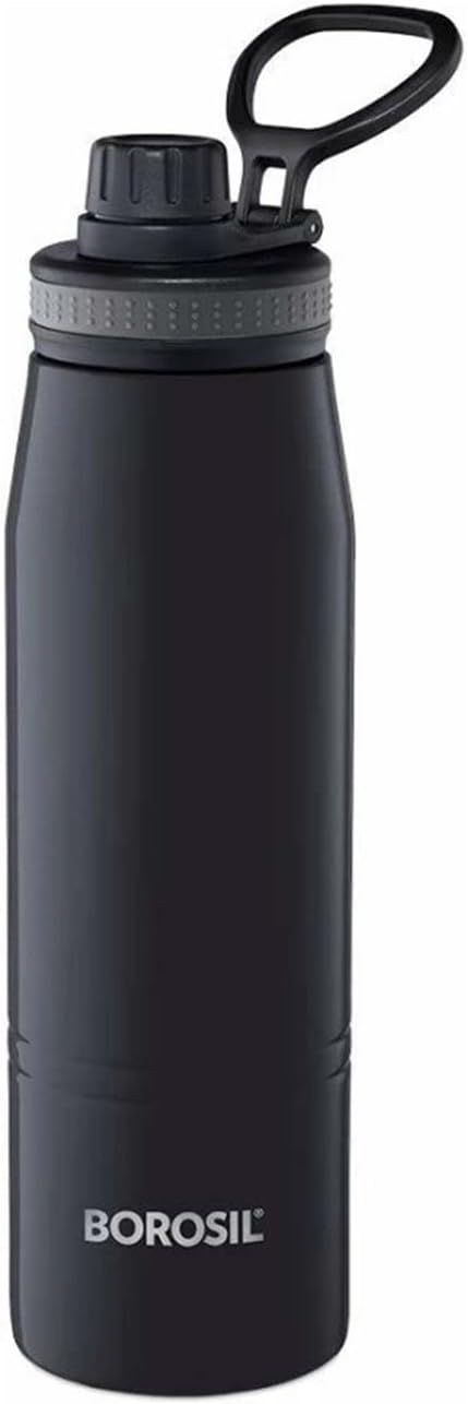Borosil 600ML Vacuum Insulated Copper Coated Stainless Steel Sports Water Bottle, 14Hrs Hot & 18Hrs Cold, Leak Proof, Black