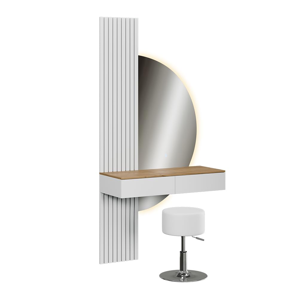 Vicco Tavolo da toeletta Melina, Bianco/quercia, 100 cm con specchio LED e sgabello, Perfetto per una routine di bellezza organizzata