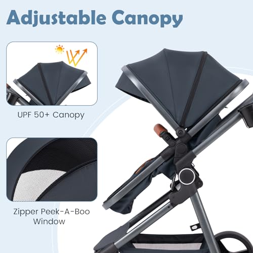 Image of INFANS 2 in 1 Baby Stroller, Newborn Convertible Stroller Bassinet for Infant, Foldable High Landscape Shock Absorption with Reversible Seat, Aluminum Structure for Toddler Pushchair 0-36 Month