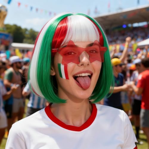 Image of ANOGOL Green White Red Bob Wig with Bangs Short Green Wigs for Women