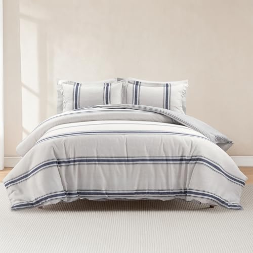 Lush Decor Millstone Farmhouse Stripe Reversible Cotton Duvet Cover Queen Size 3 Piece Set Full/Queen Navy - Farmhouse Bedding Set - Striped Duvet Cover