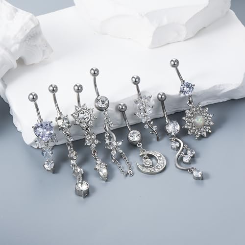 Vsnnsns 14G Dangle Belly Button Ring Piercing Jewelry 316L Stainless Surgical Steel Navel Rings Cubic Zirconia Heart Flower CZ Dangling Belly Button Ring Piercing Jewelry for Women 14 Gauge2
