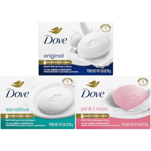 Dove Beauty Bar Soap Variety 3-Pack Original Sensitive Skin Pink with Moisturizing Cream for Soft Smooth Skin