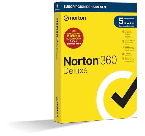 Norton 360 Deluxe 2023 - Antivirus software para 5 Dispositivos, 15 Meses, para PC, Mac, tableta o...