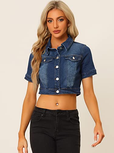 Allegra K Casual Jacket for Women's Short Sleeves Crop Jean Denim Jacket4
