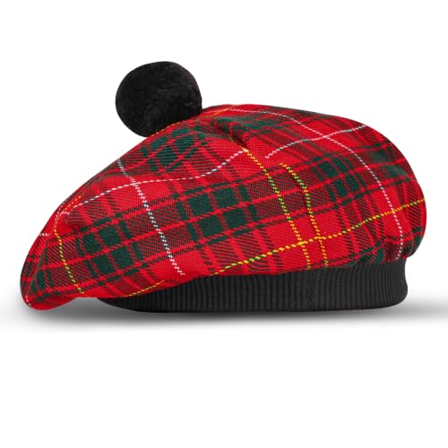 Image of Scottish Tam O' Shanter Hat Tartan Bonnet Pom Pom Wool Flat Cap One Size