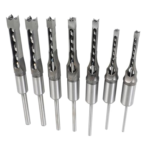 Image of Timunr 7Pcs Square Drill Bits Tools Round Handle Woodworking Hole Saw and Tenon Chisel Set Drill Bits Sizes 9/16 in 1/2 in 2/5 in 3/8 in 5/16 in 1/4 in 6/25 in