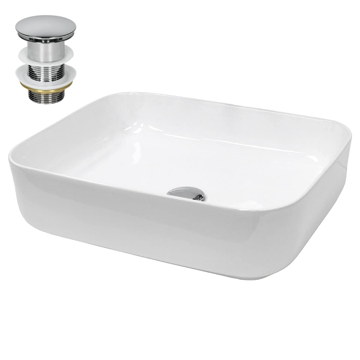 ECD Germany Lavabo da Appoggio in Ceramica Bianco Rettangolare 505x395x135 mm Design Moderno Lavabo Moderno da Appoggio Ceramica Lavandino Lavamano con Set di Scarico Lavabile 1 1/4" in Ottone Cromato