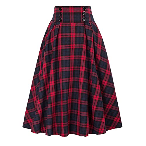 Vintage Red Plaid Skirt for Women High Waist Aline Pleated Midi Skirts with Buttons Back Elastic Waist Pleated Skirt2