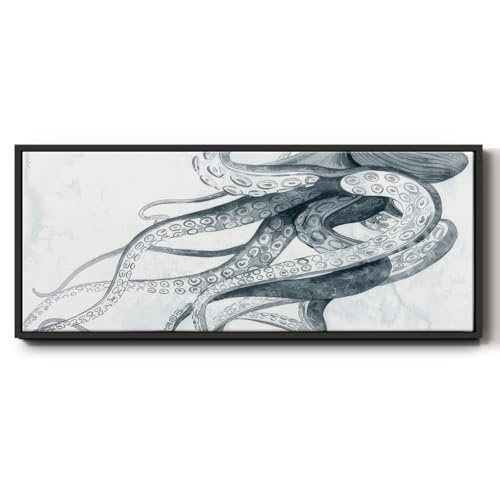 Renditions Gallery Floater Framed Wall Art Octopus in Grey Print Artwork Wall Hanging Decoration for Lobby Home Kitchen Bedroom - 24"x60" Black Frame LT615