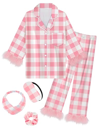 EPLAZA Kids Satin Pajamas for Girls Silk Pajamas Set 2-Piece Feather Long Sleeve Button Down Pjs Set Sleepwear with Eye Mask