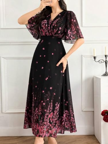 Image of Women's Georgette Dresses Floral Printed One Piece | V Neck Flutter Sleeve Casual Summer Dress with Belt | Elegant Office Wear & Party Dress