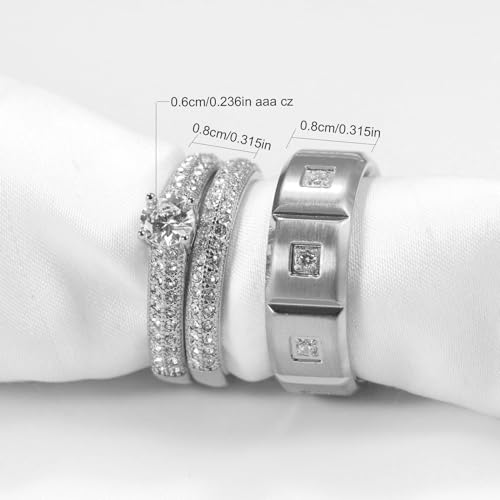 Couple Rings Matching Rings White Gold Plated 1CT AAA CZ 2pcs Women Wedding Ring Sets for Him and Her Rings Men Band 5