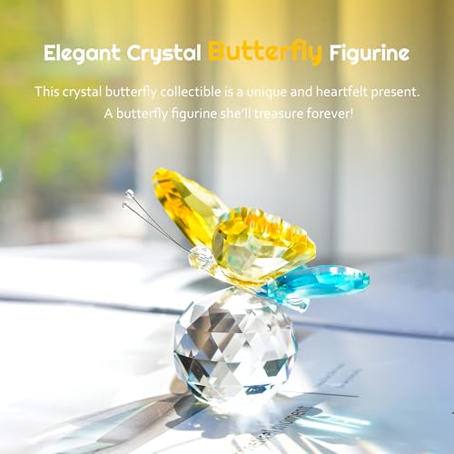 Image of Crystal Butterfly Figurines Yellow Cyan Blue Tabletop Decor Gift For Women | Yellow Cyan Blue Crystal Butterfly Figurines Collectible Paperweight for Table Desk Shelf Home Office Wedding Decor