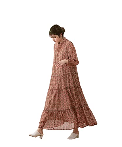 [スメラルダ] 花柄ティアードロングドレス オレンジ系 FREE