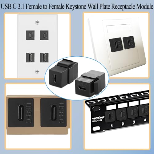 QIANRENON usb C 3.1 Keystone 10 Gbps typu C gniazdo na gniazdo Keystone adapter ładowanie 100 W, do paneli ściennych, czarny, 2