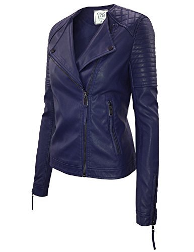 Cielo Women's Slim Quilted Double Breasted Moto Biker Faux Leather Jacket Blue S