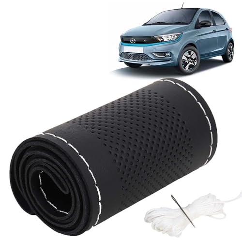 Image of KINGSWAY PU Leatherite Car Steering Cover Sewable Compatible with Tata Tiago EV (Year 2023 Onwards), Black Color with Silver Thread, Pack of 1 with Sewing Needle and Thread