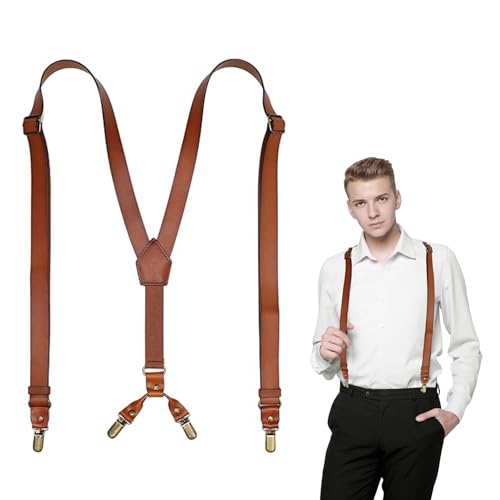 Image of Leather Suspenders for Men Y Back Design Adjustable Suspender with 4 Metal Clips Groomsmen Gift Wedding Brown