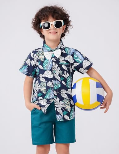 JunNeng Toddler Baby Boy Shorts Sets Hawaiian Outfits,Tropical Floral Short Sleeve Shirt +Elastic Shorts Vacation Clothes2