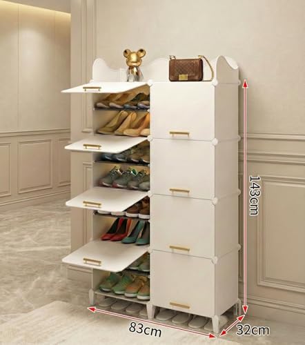 Image of LUHI Premium Modular Plastic Shoe Rack for Home with Door | 16-Tier Stackable Shoe Organizer | Waterproof & Dustproof | Space Saving Storage for Home, Bedroom & Entryway [White HT2, 16-Shelf-8-Door]