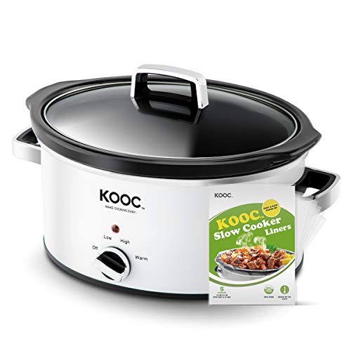 [NEW] KOOC Slow Cooker, 5-Quart, Larger than 4 Quart, Free Liners Included for Easy Clean-up, Upgraded Pot, Adjustable Temp, Nutrient Loss Reduction, White, Oval
