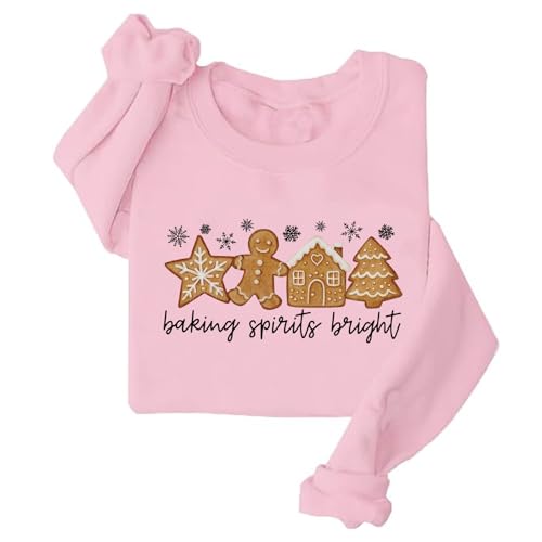 Image of Gingerbread Cookie Christmas Sweatshirts Baking Spirits Bright Xmas Sweatshirt Family Holiday Baking Sweater (US, Alpha, XX-Large, Regular, Regular, Pink)