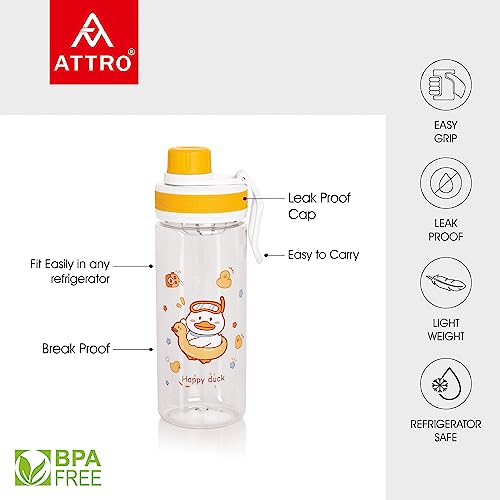 Image of Attro Champ 550ml Cute and Convenient Cartoon Printed Kids Plastic Water Bottle with Designer Hand Strap & Flip Lid BPA-Free-Perfect for School,Sports and Travel -Beige