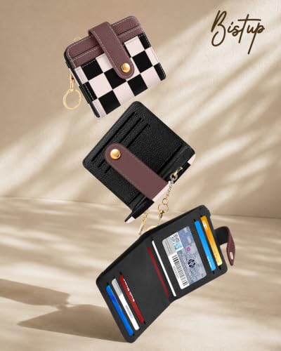 Image of Bistup Small Card Wallet for Women with Keychain, Black & White Checkered | durable material, clear ID window,, compact design for daily carry, sturdy keychain, aesthetic