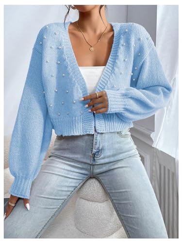 Image of SHENHE Women's Pearl Beaded Open Front Cardigan Oversize V Neck Drop Shoulder Cropped Sweater