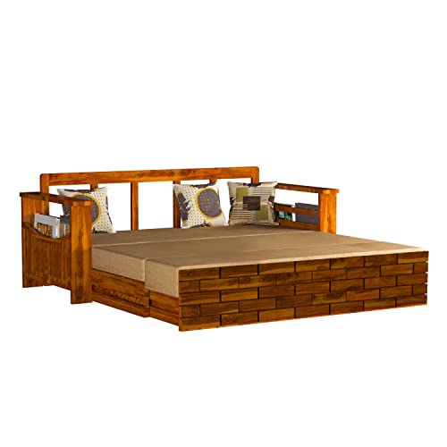 Image of Solid Wood Italian 3 Seater Sofa Cum Bed for Living Room | Three Seater Sofa Bed for Home | Sofa Com Bed | Sheesham Wood,Natural Finish Beige Cushion,3-Person Sofa