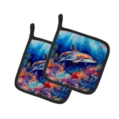 Caroline's Treasures Dolphin Pair of Pot Holders Kitchen Heat Resistant Pot Holders Sets Oven Hot Pads for Cooking Baking BBQ, 7 1/2 x 7 1/2