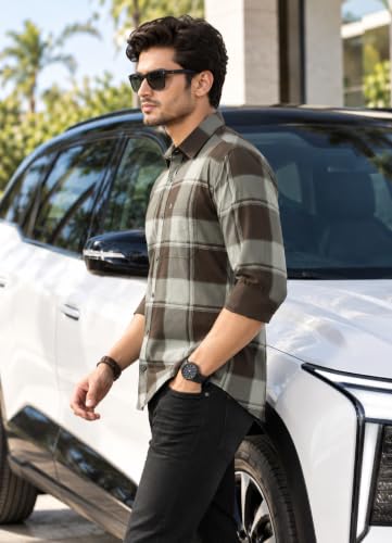 Majestic Man Stylish Slim Fit Cotton Spread Collar Checked Brown - Image 3
