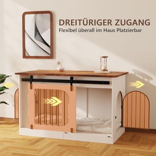 YDTOP Hundebox für Zuhause 100cm, XL Hundekäfig Möbel mit 3 Schiebetüren & Hundematte, Moderne Hundehütte Holz für Kleine Mittlere Große Hunde, 100x60x69cm, Weiß & Braun