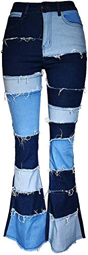 Women Patch Flare Jeans Bell Bottom Raw Hem Denim Ripped Trousers Slim Bootcut Jean Color Block Patchwork Pants Capris