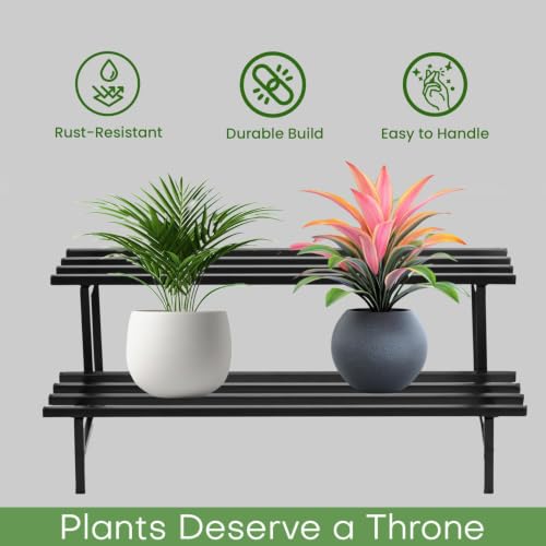 Image of Pivalo 2-Tier Rectangular Plant Stand Anti-Rust Metal Shelf Flower Pot Holder Outdoor & Indoor Planters Gamla Stands for Balcony & Living Room Home Decor (Set of 1, Black)
