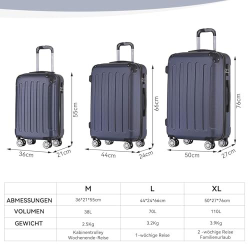 BEIBYE Hartschalen-Koffer Trolley Rollkoffer Reisekoffer Sicherheit Zahlenschloß Zwillingsrolle ABS Material Handgepäck 4 Rollen (M-L-XL-Set) (Dunkelblau, M)