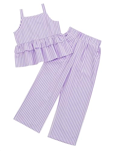 Image of Girl's 2 Piece Striped Outfits Cami Top Wide Leg Pants Ruffle Hem Summer Clothes with 2 Pockets 3-14Y