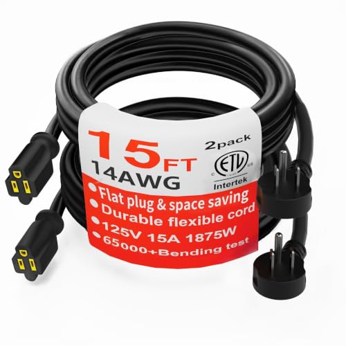 HUANCHAIN 14 Gauge 15 FT 2 Pack Black Flat Plug Extension Cord, Indoor