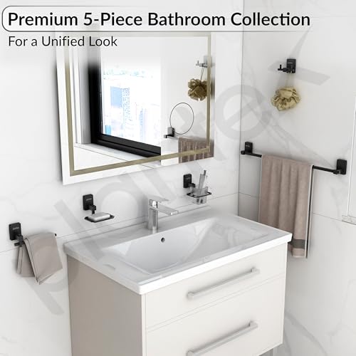 Image of Plantex 304 Grade Stainless Steel Bathroom Accessories Set of 5 - Towel Rod /Hand Napkin Hanger for Wash Basin /Soap Case /Toothbrush Holder /Robe Hook - Darcy (Black)