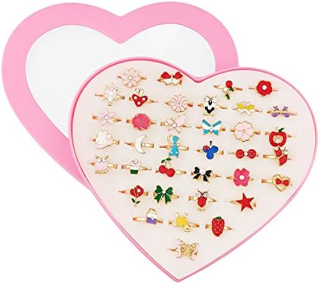 SUNMALL 36 pcs Little Girl Adjustable Rings in Box, No Duplication, Children Kids Jewelry Rings Set with Heart Shape Display Case, Girl Pretend Play and Dress up Rings for Kids (A)