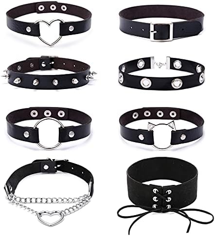 XIMEO 8PCS Black Leather Choker Necklaces - Punk Goth Adjustable PU Leather Choker Collar Metal Rivet Spiked Choker