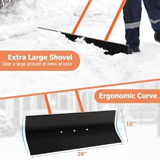 Goplus 30 in Snow Shovel for Driveway with Wheels, Snow Plow Shovel Rolling w/Ergonomic Adjustable Height for Snow Removal Clear, Snow Pusher for Garden Pavement