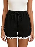 SOFIA'S CHOICE Women Summer Mini Shorts Color Block Ruffle Casual Drawstring Lounge Shorts with Pockets Black Large