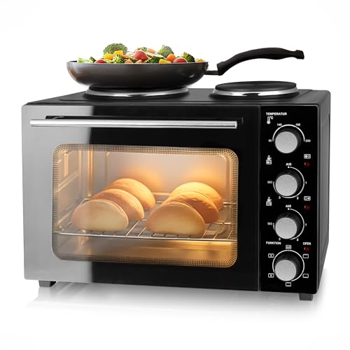 EMERIO MO-125236.4 Four de 32 litres + 2 plaques de cuisson | Chaleur tournante + chaleur de voûte et de sole | Minuterie + régulateur de température |...