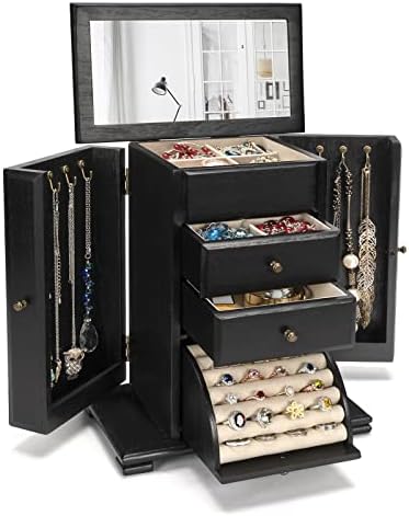 Emfogo Jewelry Box for Women, Rustic Wooden Jewelry Boxes & Organizers with Mirror, 4 Layer Jewelry Organizer Box Display for Rings Earrings Necklaces Bracelets (Black)
